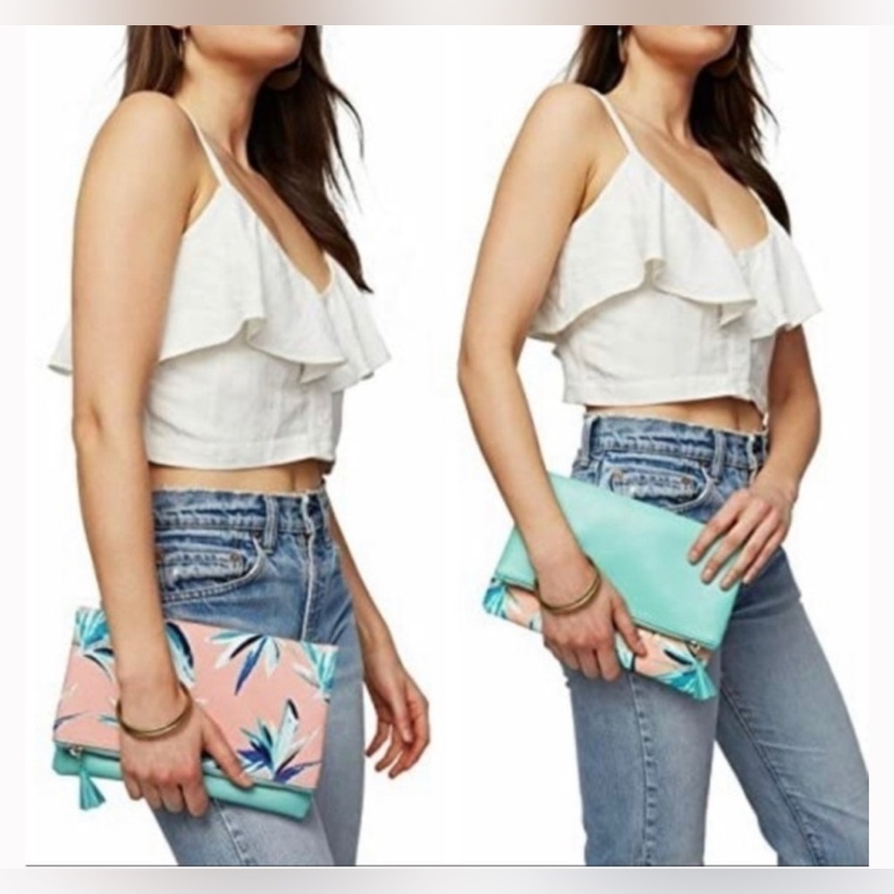 Anthropologie Rachel Pally Coral Blue Plant Print Fold Over Zipper Clutch EUC